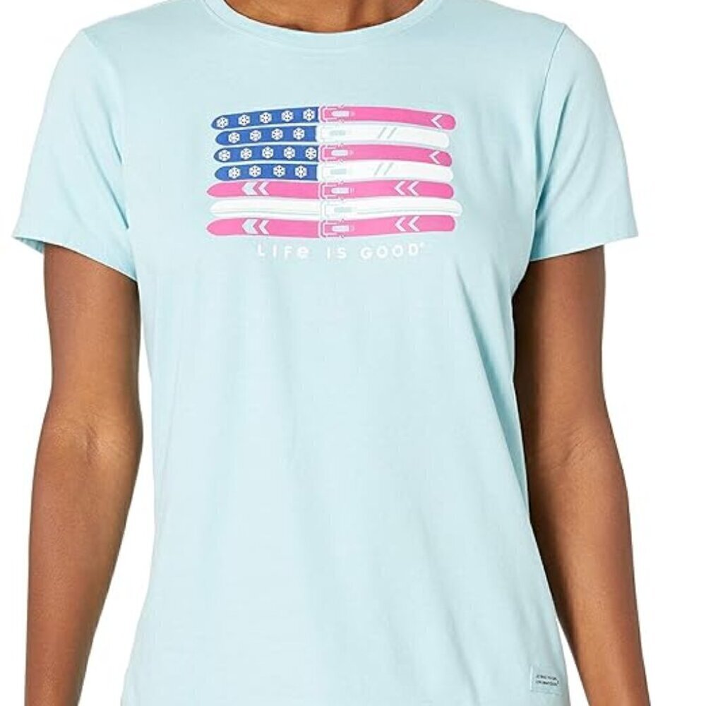 LIFE IS GOOD Womens' Aqua Blue Ski Flag Graphic Crusher Tee T-Shirt Size XS